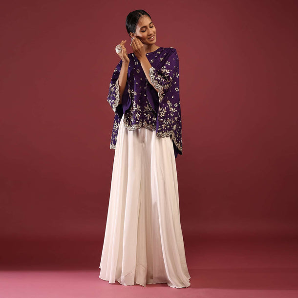 Grape Purple High Low Cape And White Palazzo Suit With Sequins And Zardosi Flowers