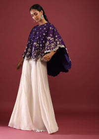 Grape Purple High Low Cape And White Palazzo Suit With Sequins And Zardosi Flowers