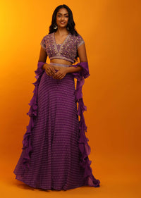 Grape Purple Lehenga Choli With Resist Dyed Buttis, Multi Colored Stone Embroidery And Ruffle Dupatta