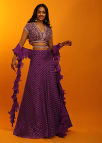 Grape Purple Lehenga Choli With Resist Dyed Buttis, Multi Colored Stone Embroidery And Ruffle Dupatta