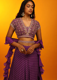 Grape Purple Lehenga Choli With Resist Dyed Buttis, Multi Colored Stone Embroidery And Ruffle Dupatta