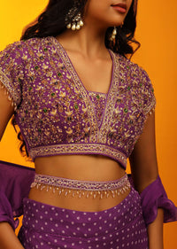 Grape Purple Lehenga Choli With Resist Dyed Buttis, Multi Colored Stone Embroidery And Ruffle Dupatta