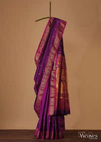 Grape Purple Maharashtrian Paithani Woven Saree In Katan Silk With Paithani Pallu And Unstitched Blouse