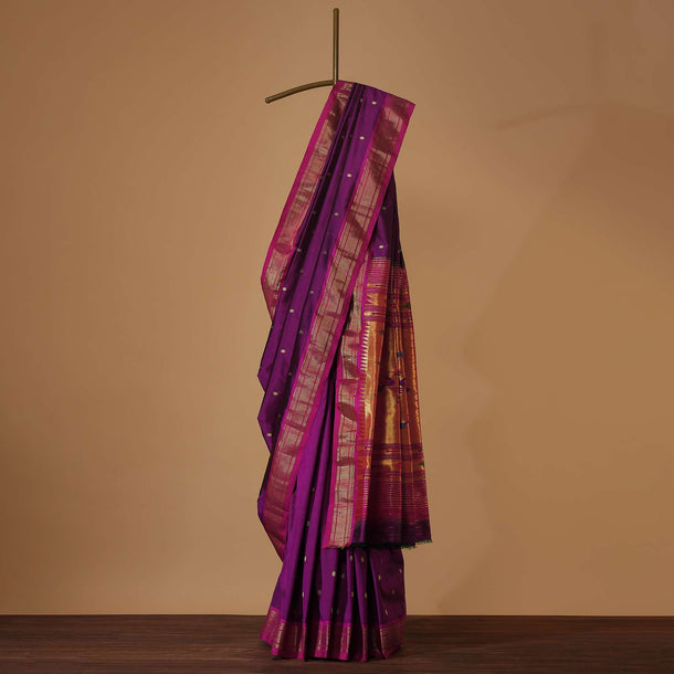 Grape Purple Maharashtrian Paithani Woven Saree In Katan Silk With Paithani Pallu And Unstitched Blouse