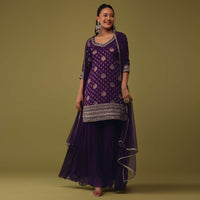 Grape Purple Organza Kurti And Sharara Set In Brocade Weave