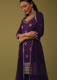 Grape Purple Organza Kurti And Sharara Set In Brocade Weave