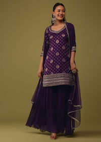 Grape Purple Organza Kurti And Sharara Set In Brocade Weave