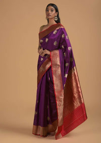 Grape Purple Pure Handloom Saree In Silk With Woven Buttis And Red Border Online - Kalki Fashion