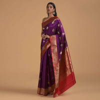 Grape Purple Pure Handloom Saree In Silk With Woven Buttis And Red Border Online - Kalki Fashion