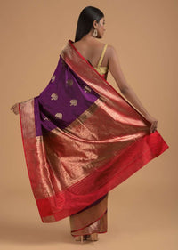 Grape Purple Pure Handloom Saree In Silk With Woven Buttis And Red Border Online - Kalki Fashion