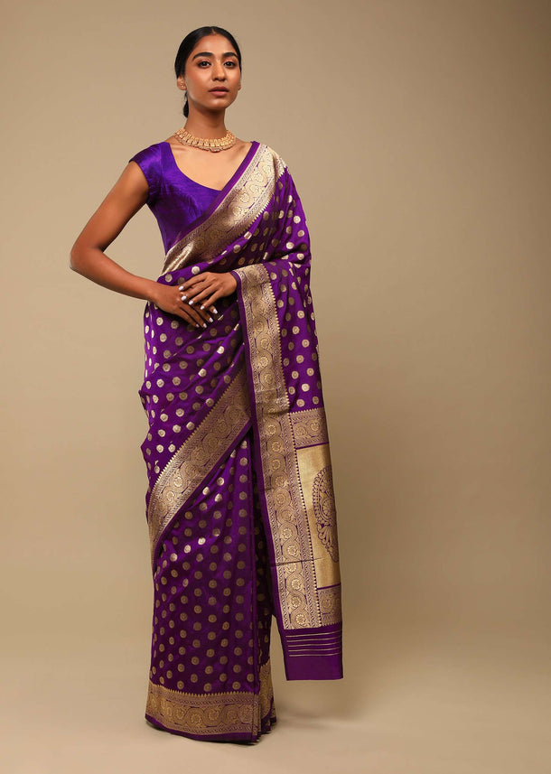 Grape Purple Saree In Art Handloom Silk With Woven Floral Buttis, Paisley Motifs On The Pallu And Unstitched Blouse