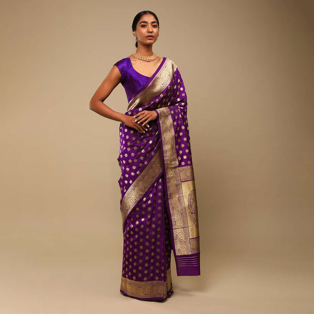 Grape Purple Saree In Art Handloom Silk With Woven Floral Buttis, Paisley Motifs On The Pallu And Unstitched Blouse