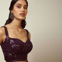 Grape Purple Sleeveless Blouse With Sweetheart Neckline And Heavily Embellished In Shimmering Sequins