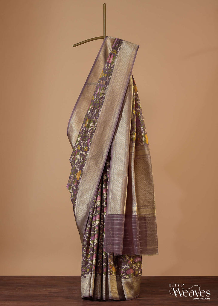 Mauve Purple Handloom Saree In Kora Silk With Kadhva Weave And Unstitched Blouse