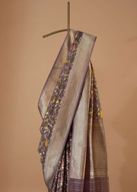 Mauve Purple Handloom Saree In Kora Silk With Kadhva Weave And Unstitched Blouse