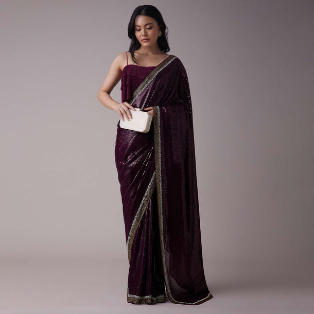 Grape Purple Sequins Saree With An Embellished Border