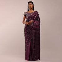 Grape Wine Satin Saree In Thick Strips Sequins Embroidery With Two Tones Beads Embellishment On The Pallu Border