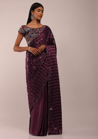 Grape Wine Satin Saree In Thick Strips Sequins Embroidery With Two Tones Beads Embellishment On The Pallu Border