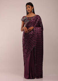 Grape Wine Satin Saree In Thick Strips Sequins Embroidery With Two Tones Beads Embellishment On The Pallu Border