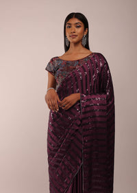 Grape Wine Satin Saree In Thick Strips Sequins Embroidery With Two Tones Beads Embellishment On The Pallu Border
