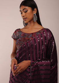 Grape Wine Satin Saree In Thick Strips Sequins Embroidery With Two Tones Beads Embellishment On The Pallu Border