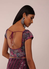 Grape Wine Satin Saree In Thick Strips Sequins Embroidery With Two Tones Beads Embellishment On The Pallu Border