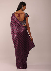 Grape Wine Satin Saree In Thick Strips Sequins Embroidery With Two Tones Beads Embellishment On The Pallu Border