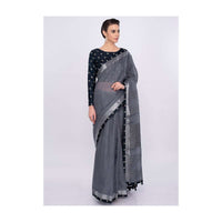 Graphite Grey Saree In Jute Cotton With Midnight Blue Border Online - Kalki Fashion