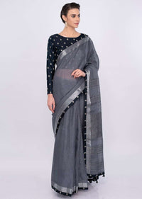 Graphite Grey Saree In Jute Cotton With Midnight Blue Border Online - Kalki Fashion