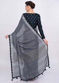Graphite Grey Saree In Jute Cotton With Midnight Blue Border Online - Kalki Fashion