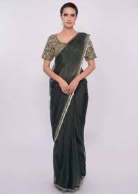 Graphite grey organza saree with tasseled pallo and border only on Kalki