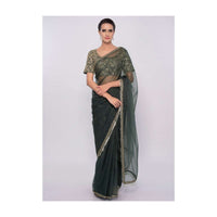 Graphite grey organza saree with tasseled pallo and border only on Kalki