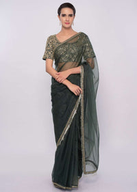 Graphite grey organza saree with tasseled pallo and border only on Kalki