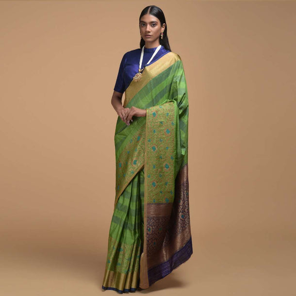 Grass Green Pure Handloom Saree In Tussar Silk With Stripes And Woven Floral Border Online - Kalki Fashion