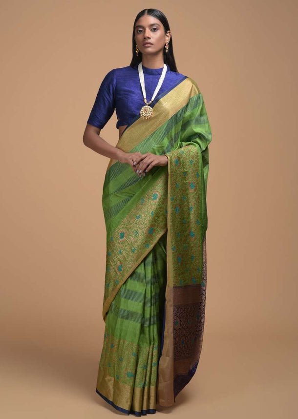 Grass Green Pure Handloom Saree In Tussar Silk With Stripes And Woven Floral Border Online - Kalki Fashion