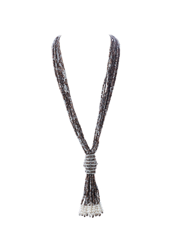 Gray And Silver Finish Long Necklace With Pearl Tassel In Mix Metal