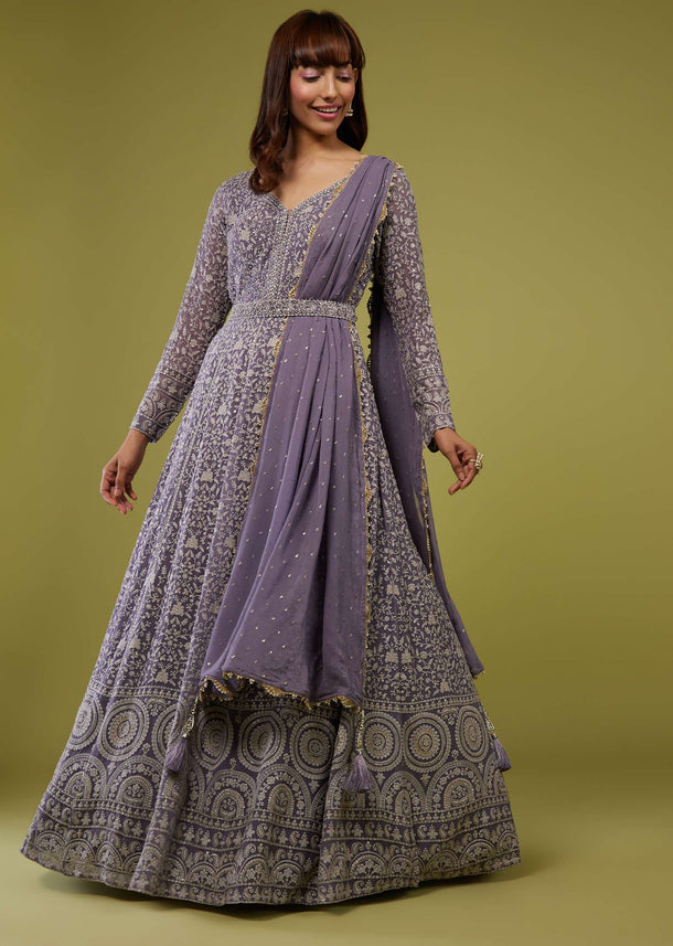 Mauve Purple Lucknowi Anarkali Suit With Belt