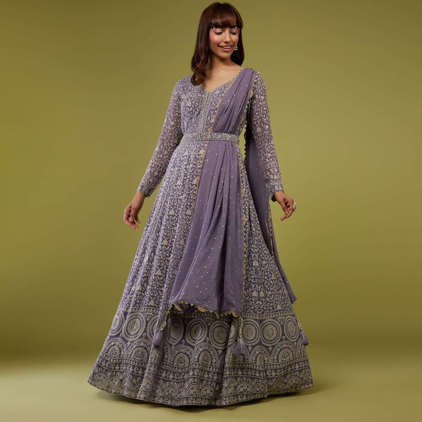 Mauve Purple Lucknowi Anarkali Suit With Belt