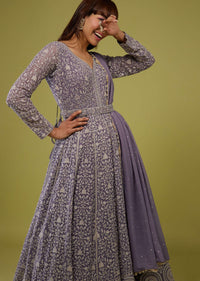 Mauve Purple Lucknowi Anarkali Suit With Belt