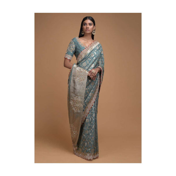 Grayish Green Banarasi Saree With Weaved Floral Jaal And Embroidered Floral Motifs On The Pallu Online - Kalki Fashion