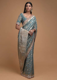 Grayish Green Banarasi Saree With Weaved Floral Jaal And Embroidered Floral Motifs On The Pallu Online - Kalki Fashion