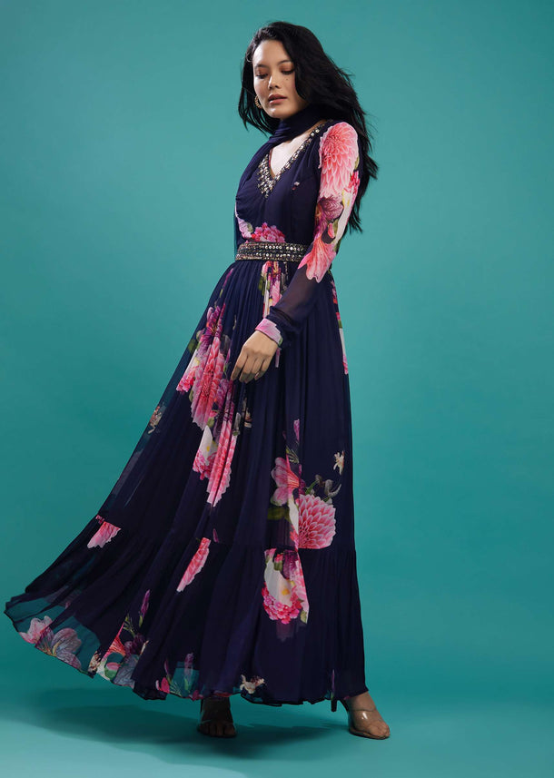 Dark Purple Floral Anarkali Suit In Georgette Fabric