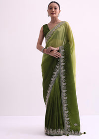 Greem Ombre Shaded Satin Saree With Zardozi Work And Unstitched Blouse Fabric