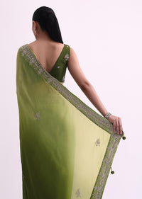 Greem Ombre Shaded Satin Saree With Zardozi Work And Unstitched Blouse Fabric