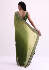 Greem Ombre Shaded Satin Saree With Zardozi Work And Unstitched Blouse Fabric