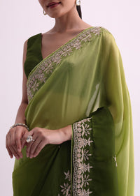 Greem Ombre Shaded Satin Saree With Zardozi Work And Unstitched Blouse Fabric