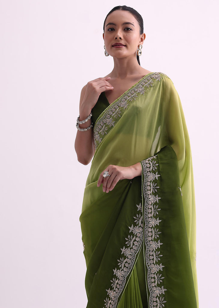 Greem Ombre Shaded Satin Saree With Zardozi Work And Unstitched Blouse Fabric