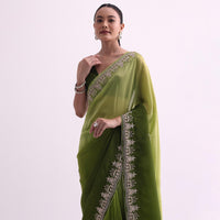 Greem Ombre Shaded Satin Saree With Zardozi Work And Unstitched Blouse Fabric