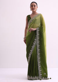 Greem Ombre Shaded Satin Saree With Zardozi Work And Unstitched Blouse Fabric