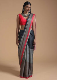 Green And Black Saree In Silk With Color-Blocked Print Online - Kalki Fashion